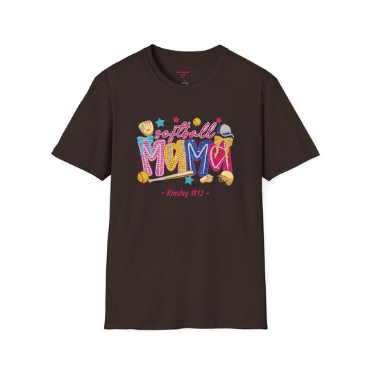 Colorful Softball Mama T-Shirt — Personalized Name & Number Tee