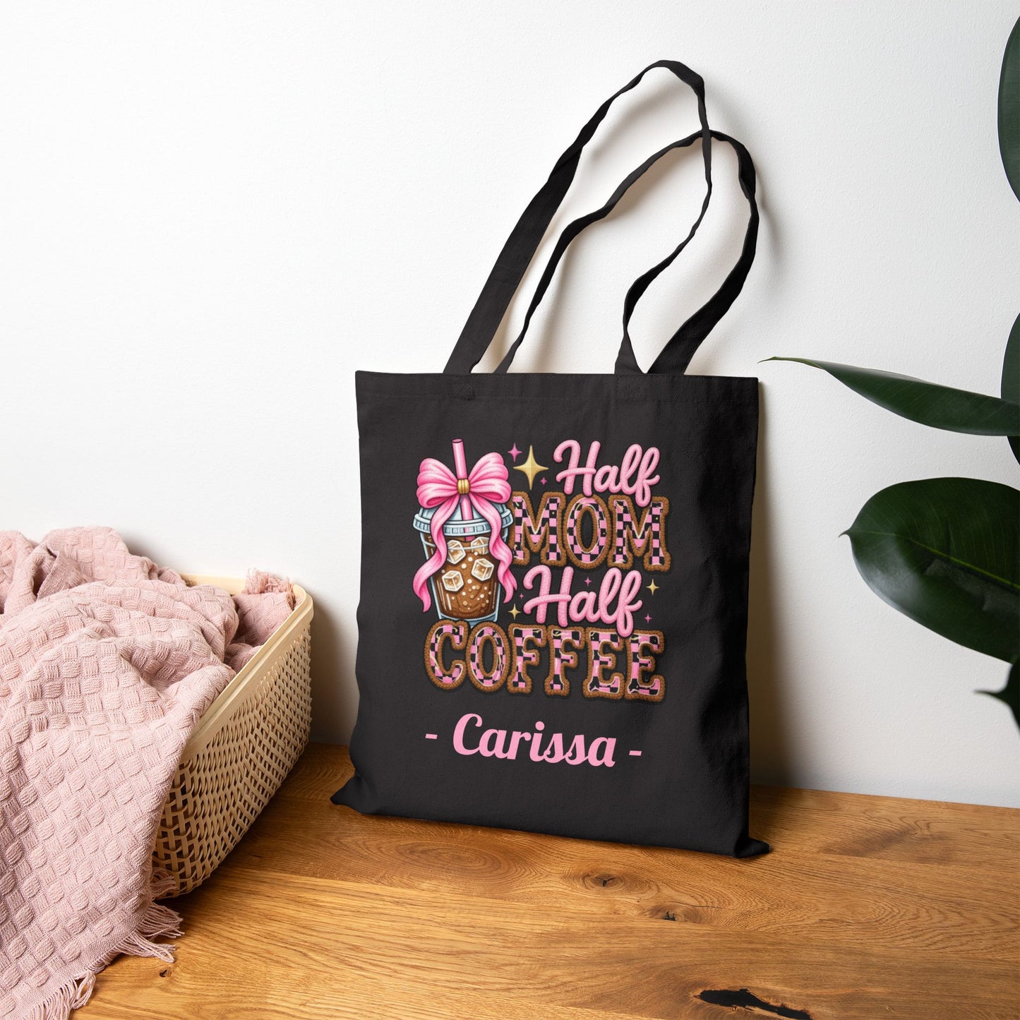 Half Mom Half Coffee Custom Name Tote Bag – Personalized Cotton Canvas Market Tote